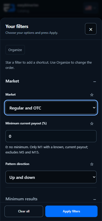 Current EasyBinarias mobile filters with favorites and organization