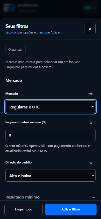 Filtros móveis atuais da EasyBinarias com favoritos e organização